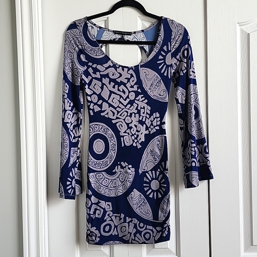 RETRO blue & gray stretch mini dress by Symphony
